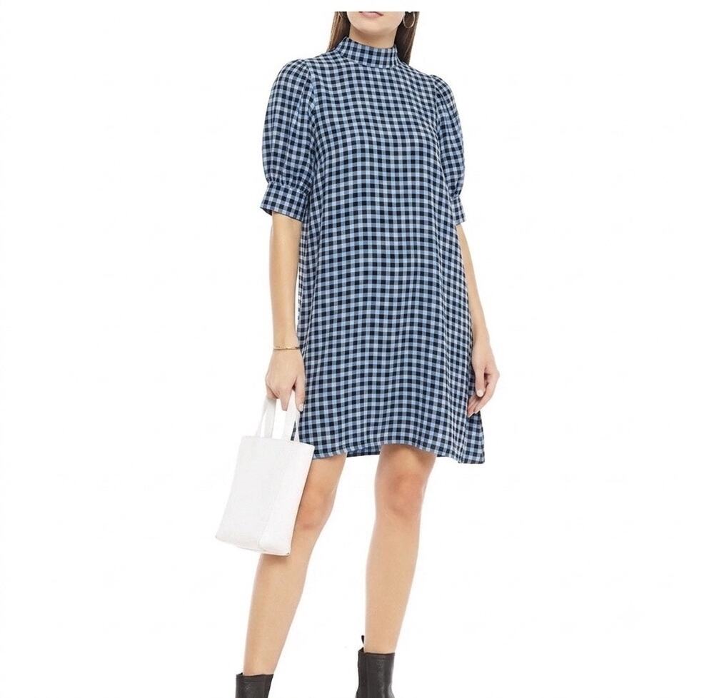 Ganni Gingham Check Mock Neck Mini Dress Blue Black Crepe Viscose Puff Sleeve
